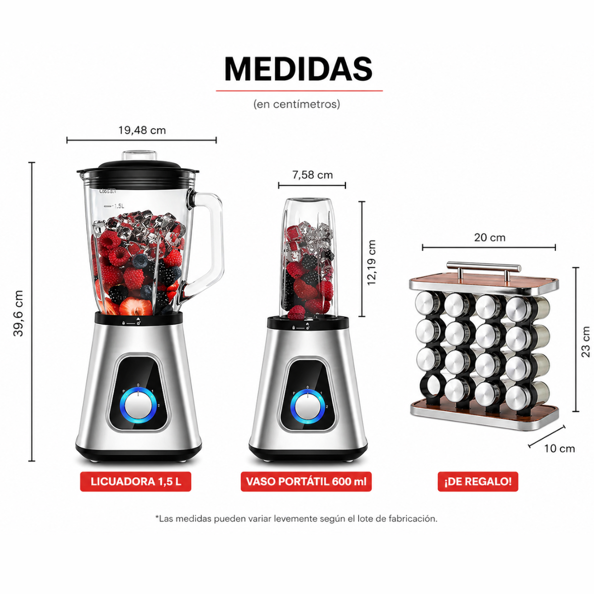 [Comprá 2 y Pagá 1] Licuadora Multiuso Lumax con Jarra de Vidrio + REGALO: Porta Especias Vertical con 16 Frascos - ¡ÚLTIMAS UNIDADES!